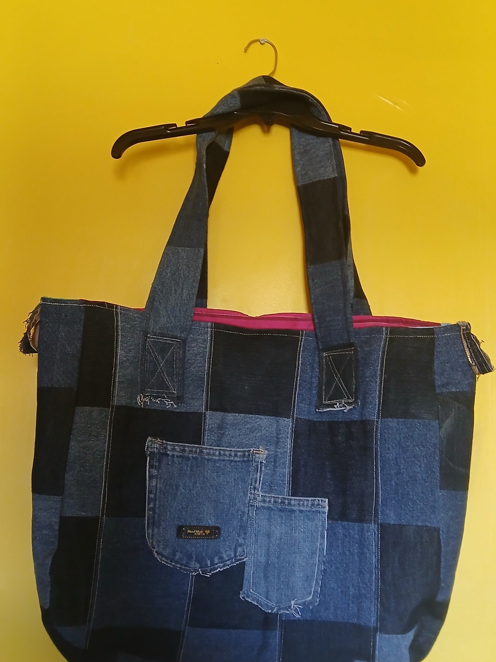 Denim Patchwork Tote Bag with Waterproof Lining Reversible, Beach, Laundry